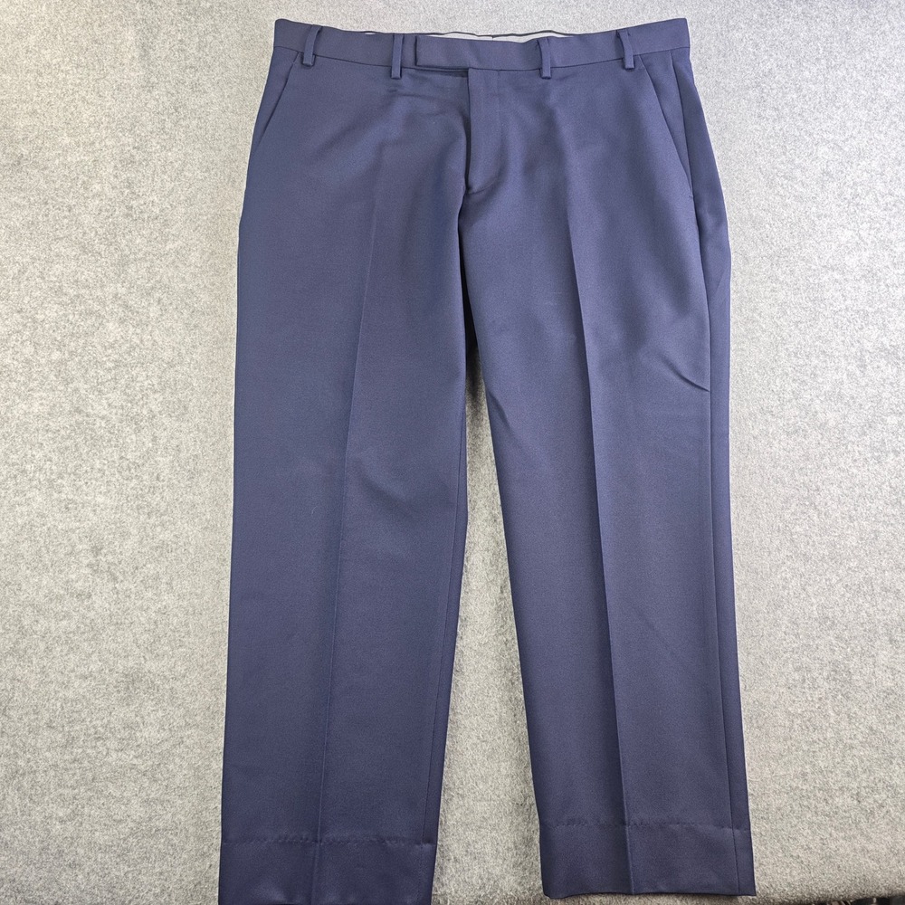 Paul Fredrick Dress Pants Mens 38 Tailored Fit Navy Blue Flat Front Polyester